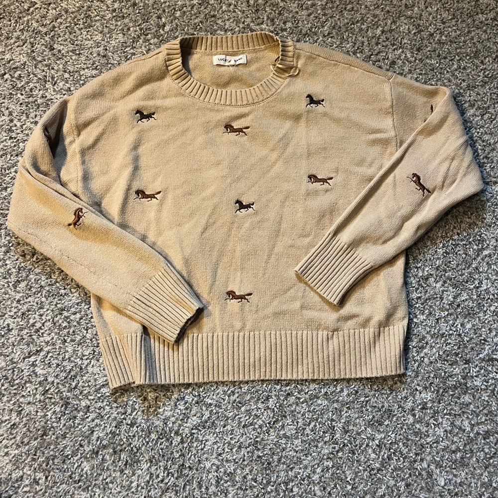 Lucky Brand Tan Knit Crewneck Sweater with Horse Embroidered